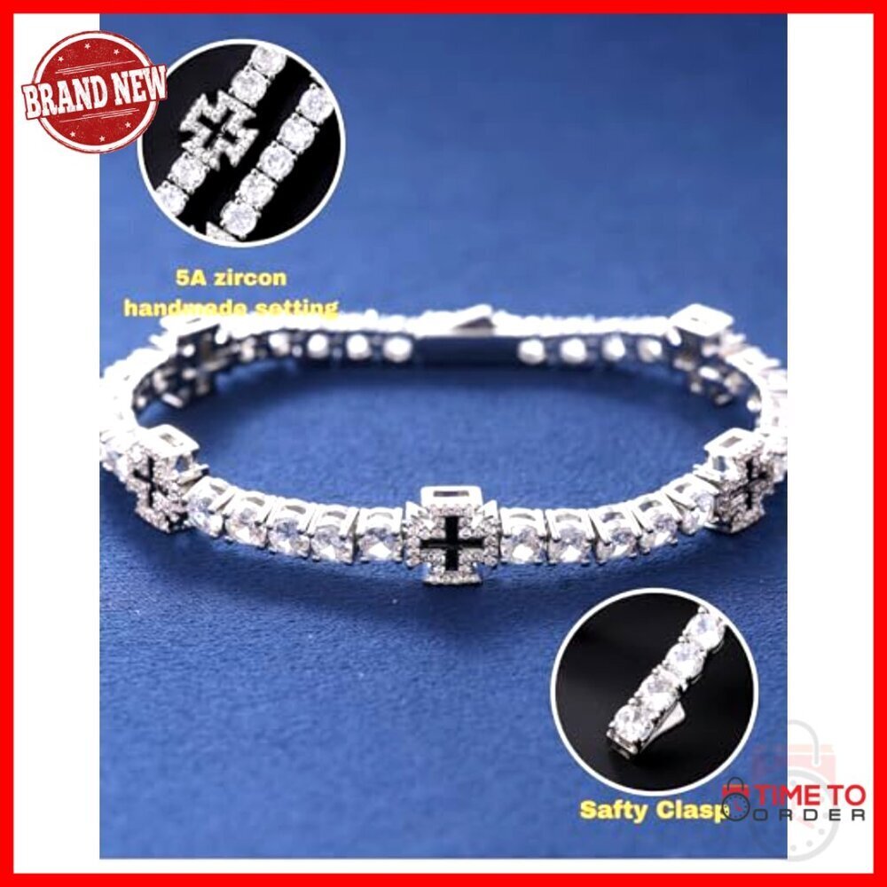 Unisex White Gold Plated Tennis Bracelet with Cross Design 7 Inch - Picture 6 of 7